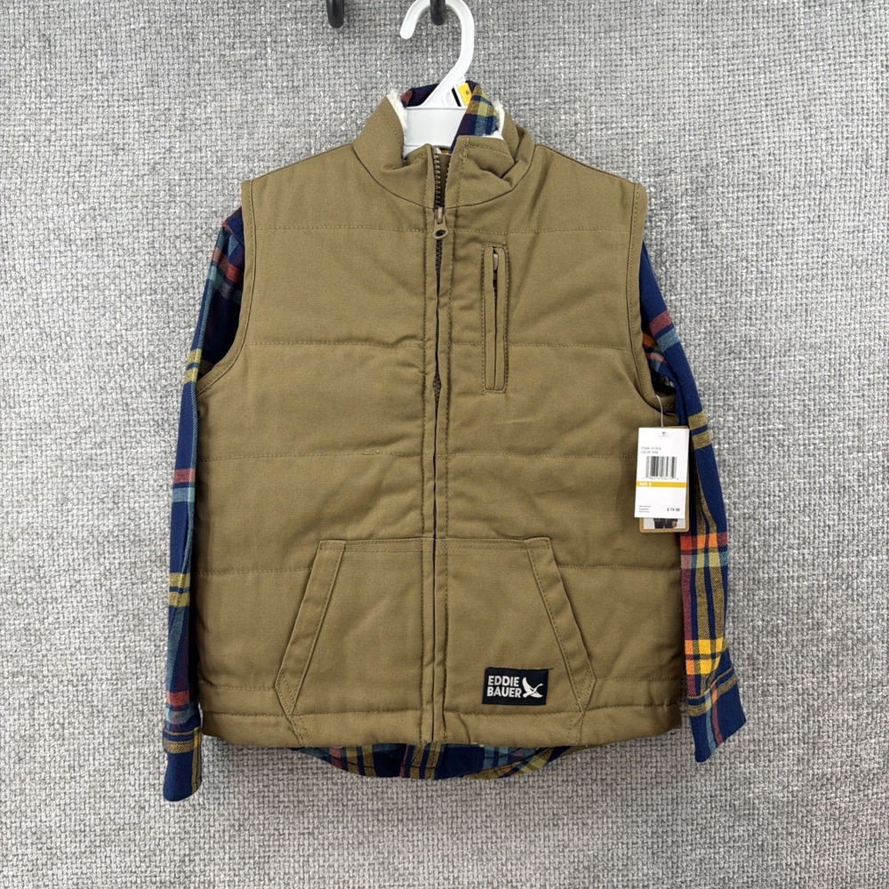 Eddie Bauer Kids Size 6 Tan Faux Sherpa Lined Vest‎ Blue Plaid Flannel Shirt Set